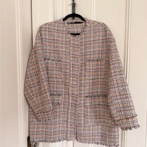 Chanel style Bouclé Tweed Longline Blazer Jacket in Pink Multi